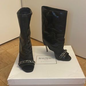 Balmain Demi boots, sz EU 39. Open toe Black leather boots. 3.5” heel;13” height